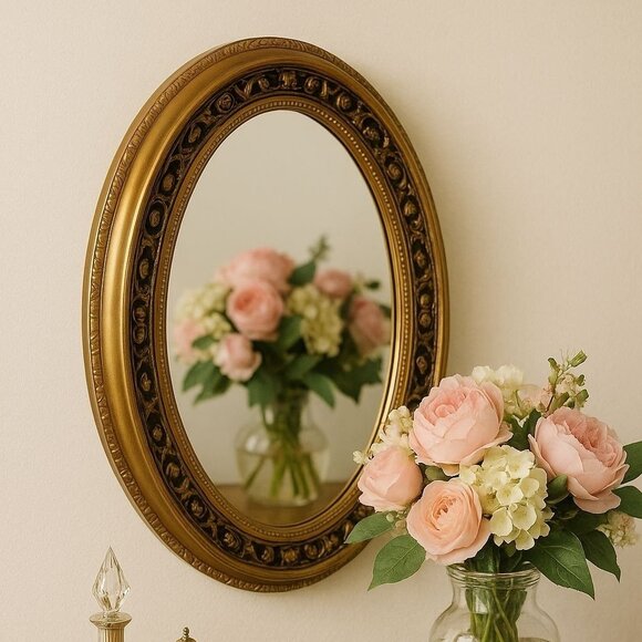 Oval Gold Wall Mirror VTG Ornate Decorative Vanity Hollywood Regency Home Decor - Picture 1 of 16